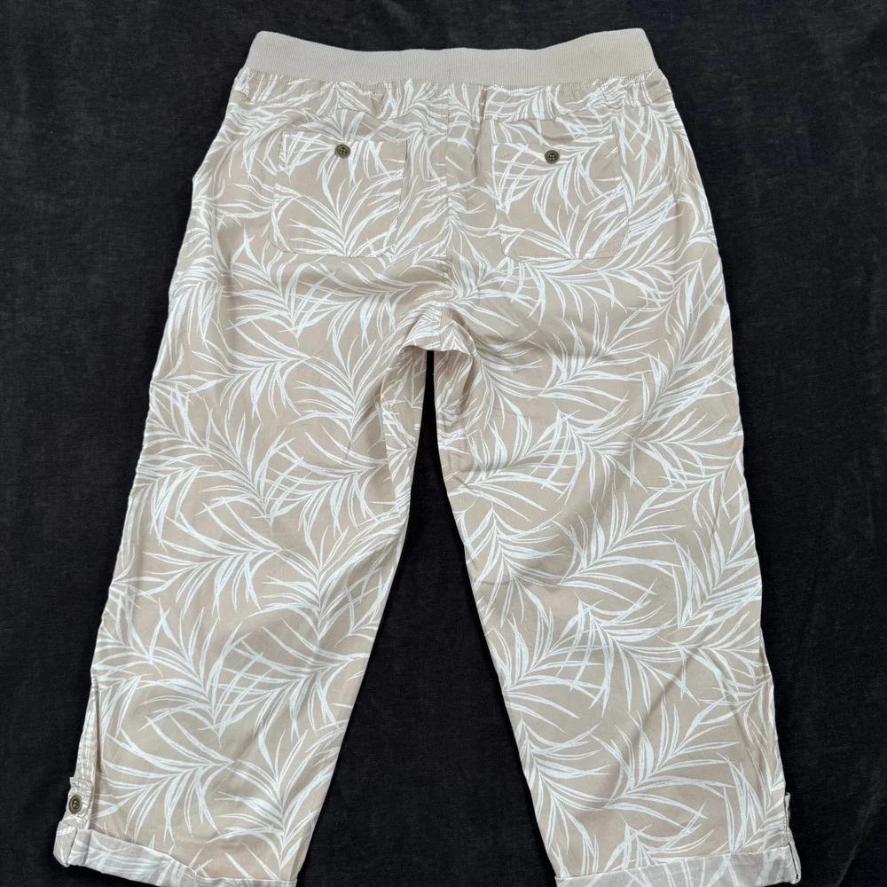 Palm Rio Womens 1X Tropical Palm Leaf Print Cropped Capri Pants Beige White - Picture 7 of 11